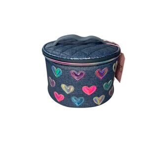 OMG! ACCESSORIES QUILTED DENIM HEARTS COSMETIC BAG NWT